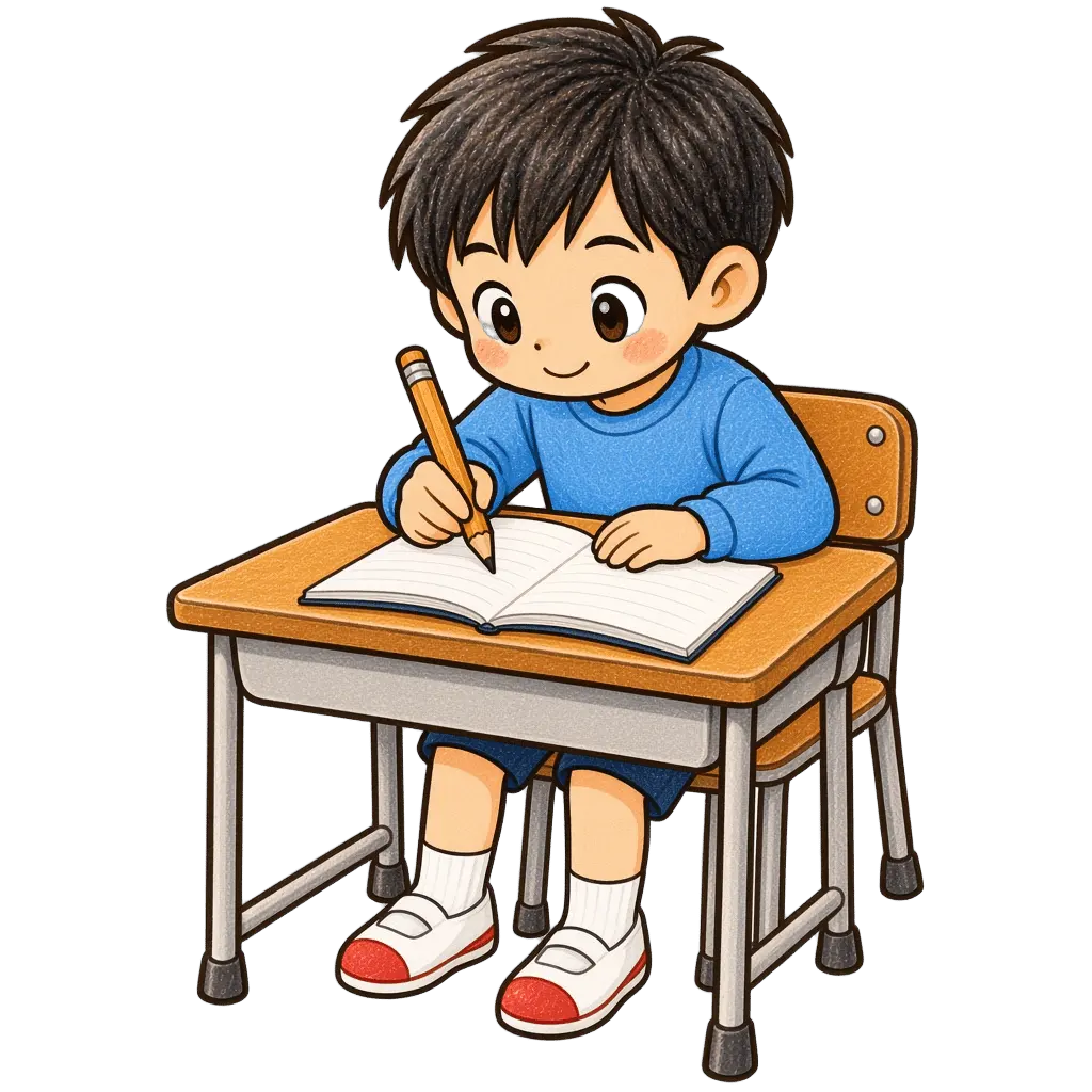 水彩のひらがなを書く男の子。学校だより向けフリー素材
