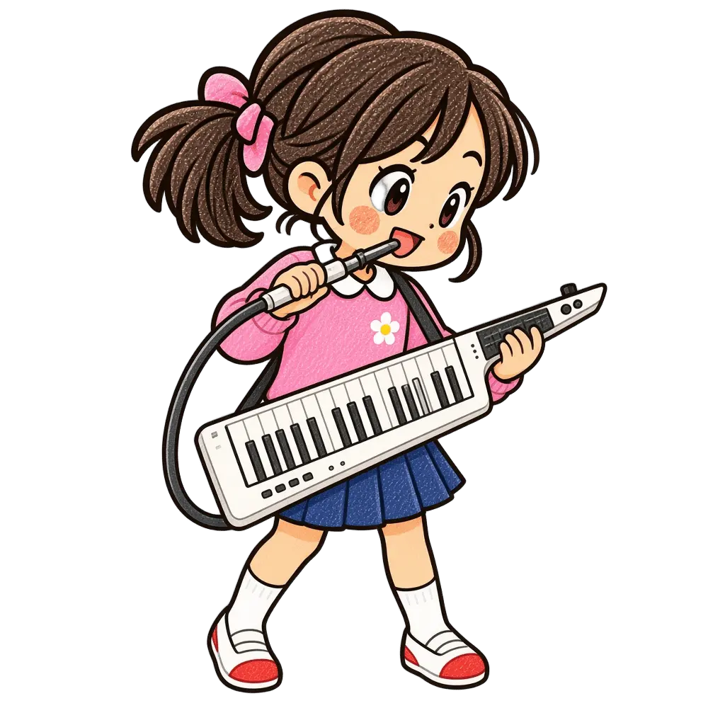 水彩の鍵盤ハーモニカを吹く女の子。学校だより向けフリー素材