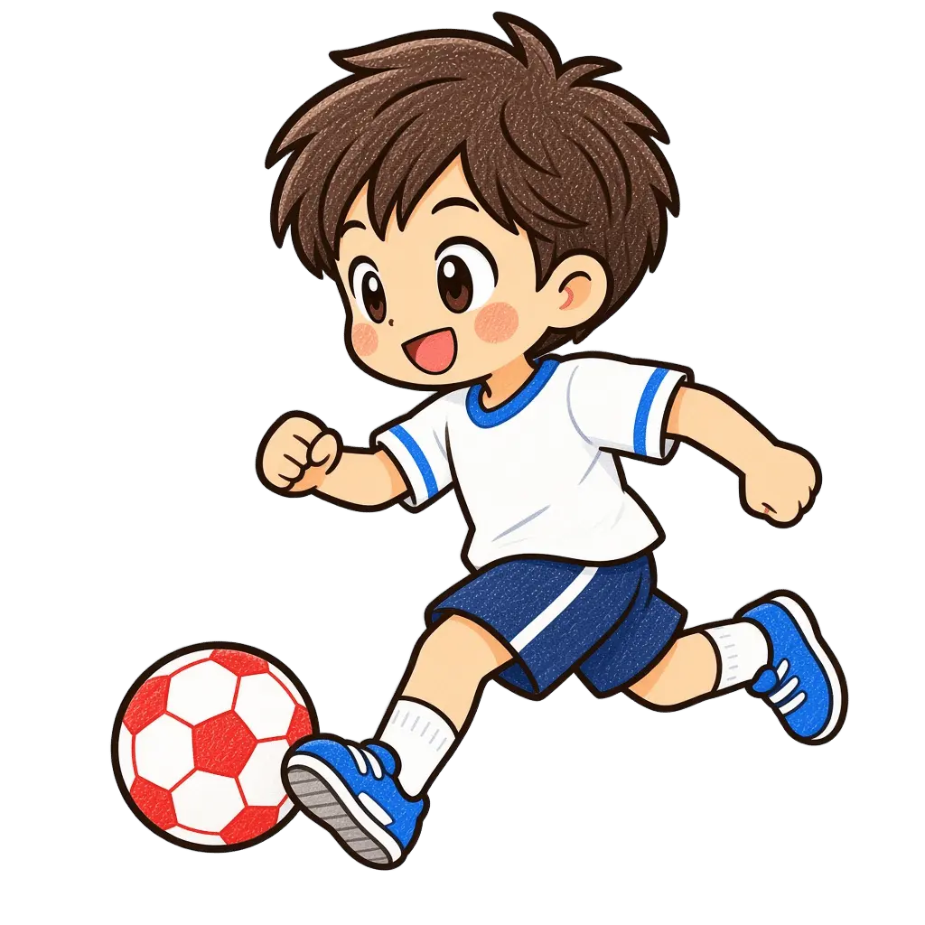 水彩のサッカーをする男の子。学校だより向けフリー素材