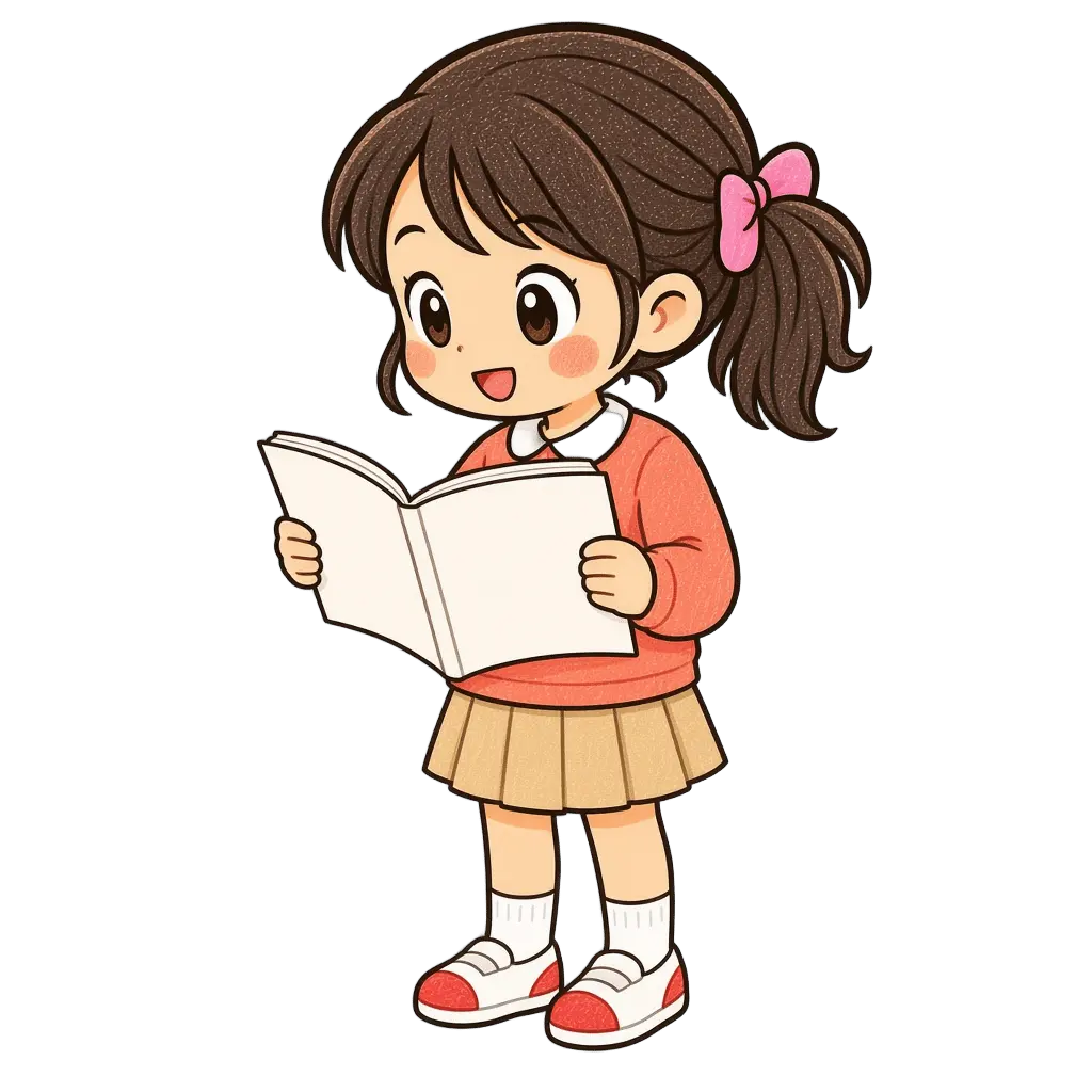 水彩の音読する女の子。学校だより向けフリー素材