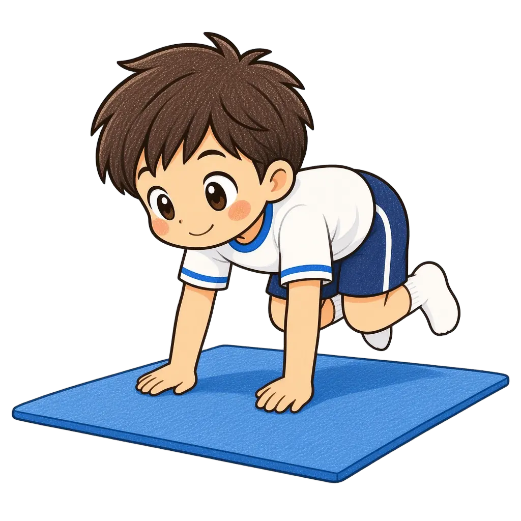 水彩のマット運動をする男の子。学校だより向けフリー素材