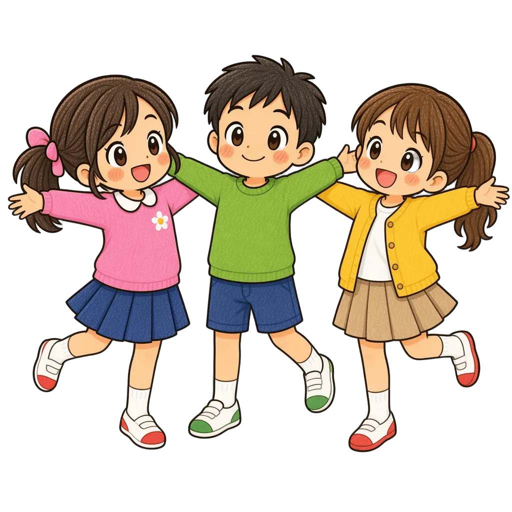 水彩のダンスをする児童たち。学校だより向けフリー素材