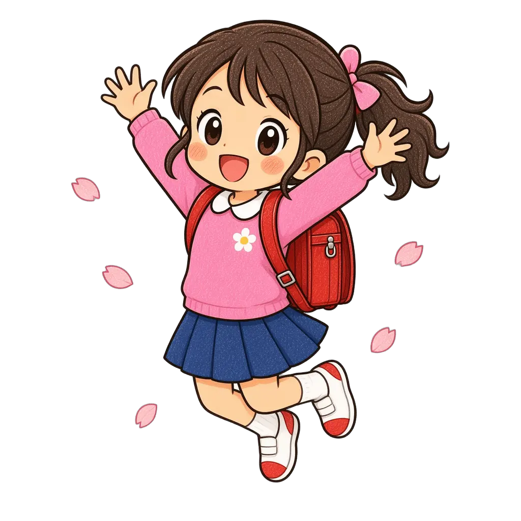 水彩の進級を喜ぶ女の子。学校だより向けフリー素材