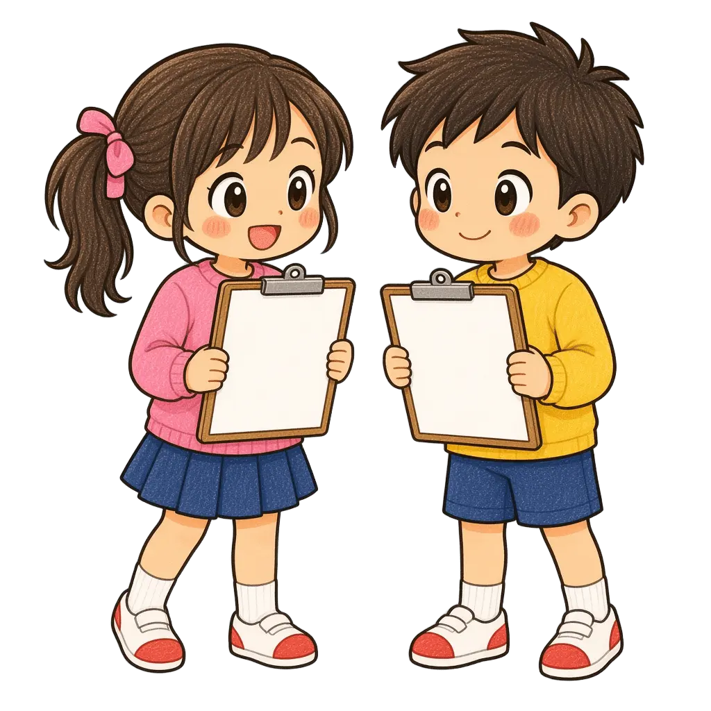 水彩の学校探検をする児童二人。学校だより向けフリー素材