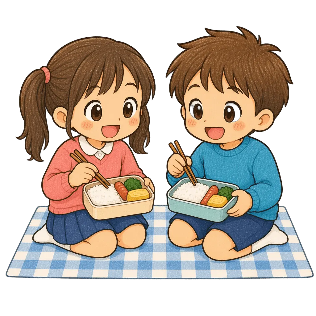 水彩の遠足でお弁当を広げる児童二人。学校だより向けフリー素材