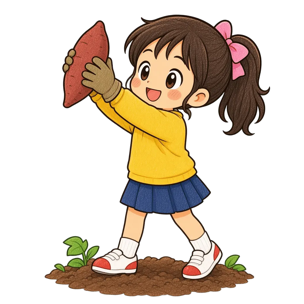 水彩のさつまいも掘りをする女の子。学校だより向けフリー素材