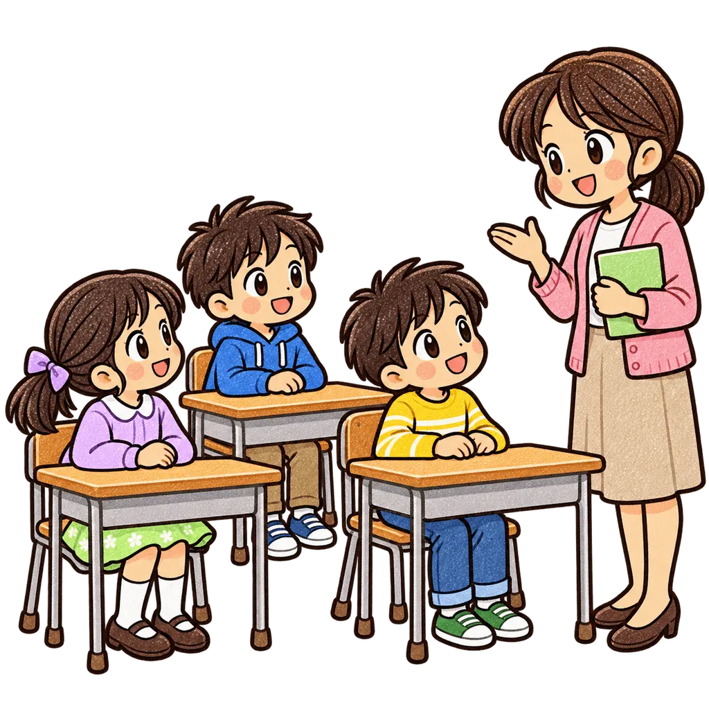 帰りの会の色鉛筆風イラスト。学校だより向けフリー素材