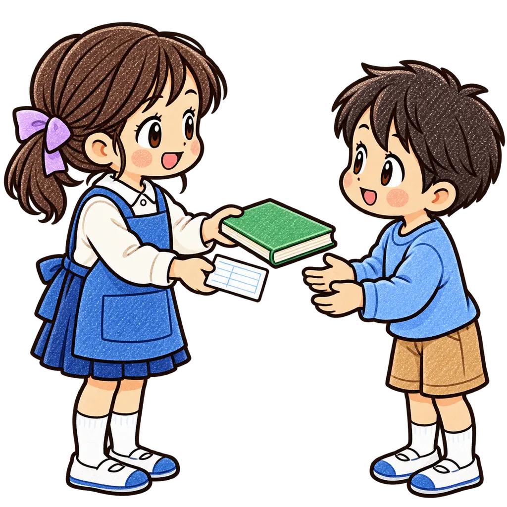 図書委員の貸し出しの色鉛筆風イラスト。学校だより向けフリー素材
