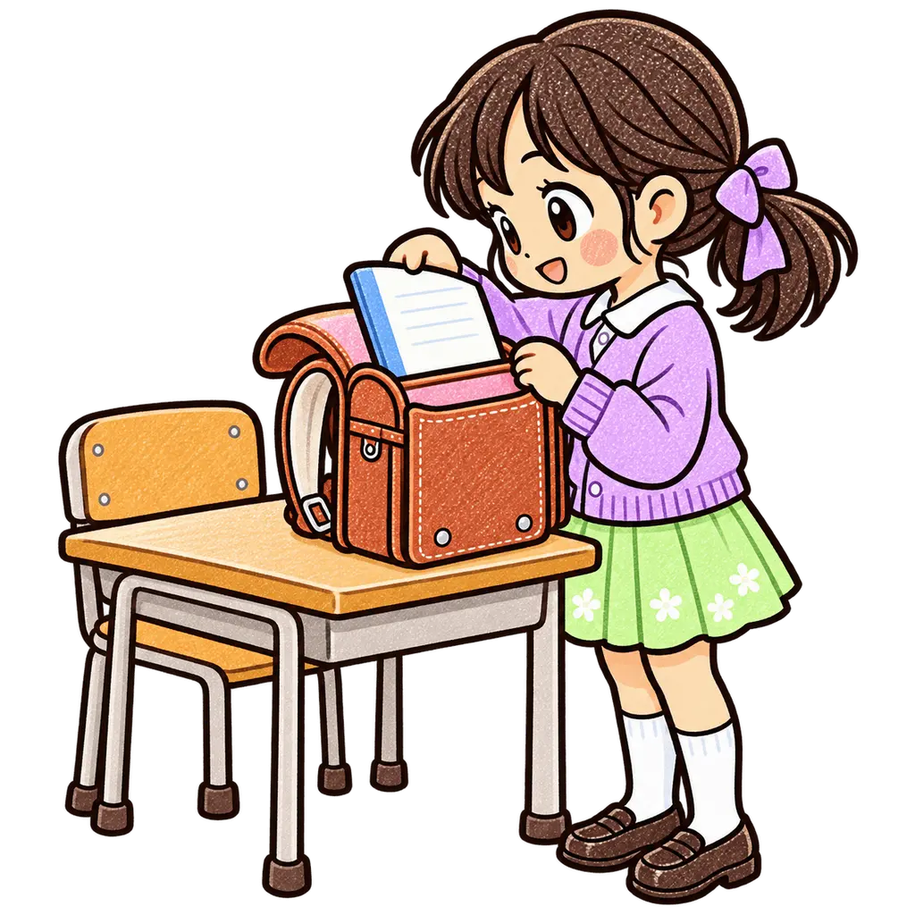 帰り支度の色鉛筆風イラスト。学校だより向けフリー素材