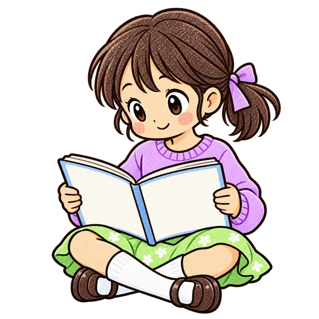 読書する児童の色鉛筆風イラスト。学校だより向けフリー素材