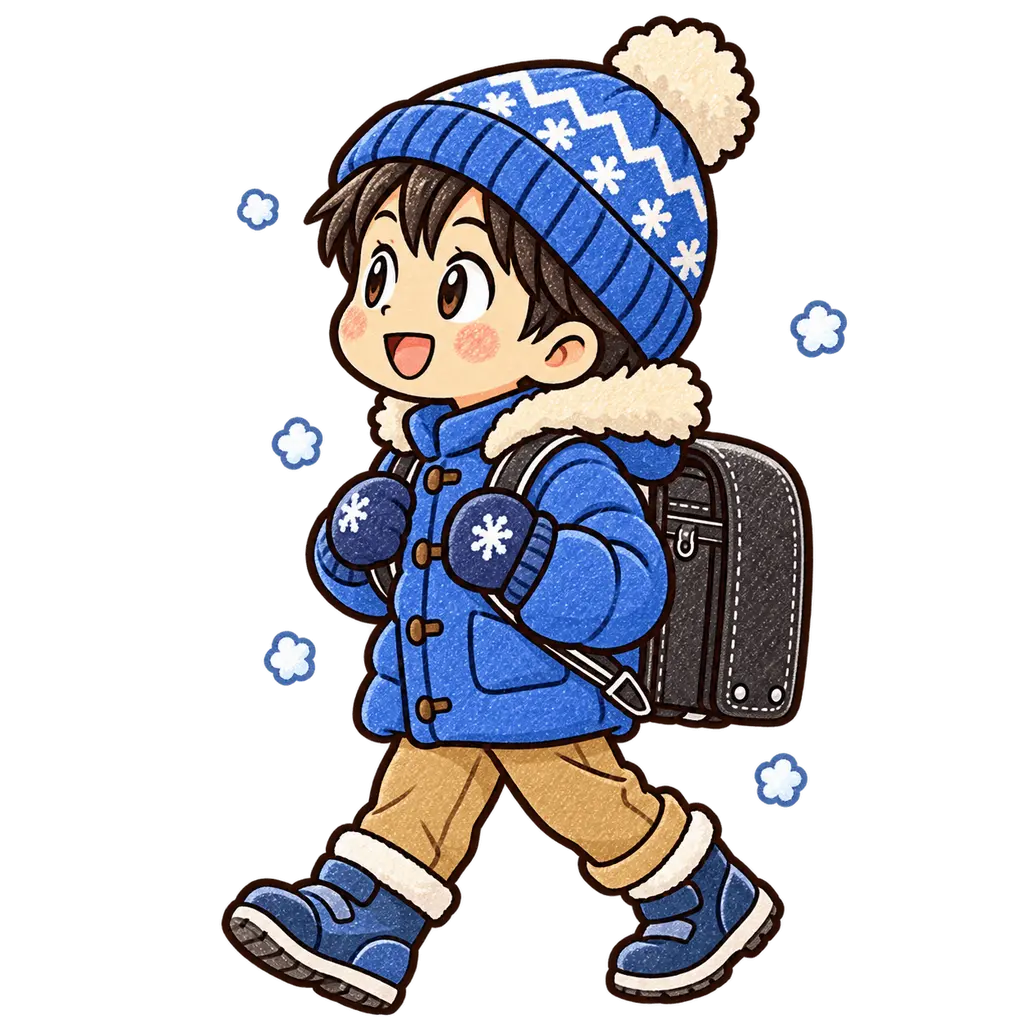 雪の日の登校の色鉛筆風イラスト。学校だより向けフリー素材