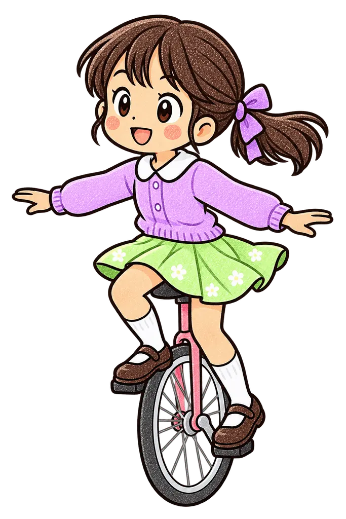 一輪車に挑戦の色鉛筆風イラスト。学校だより向けフリー素材