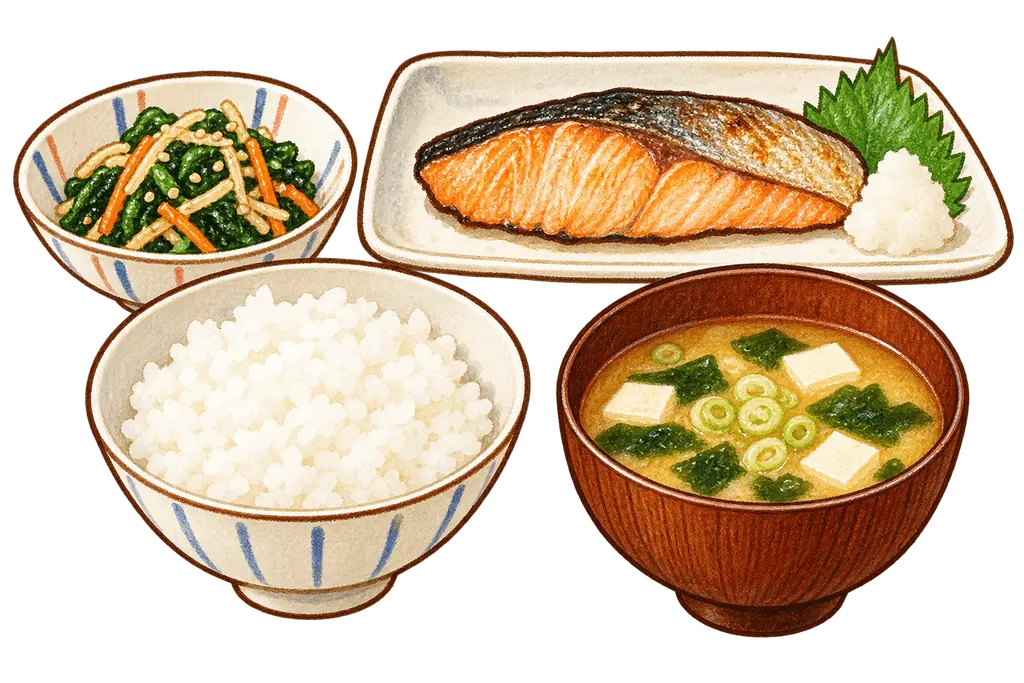 水彩の和食の給食トレー。学校だより向けフリー素材