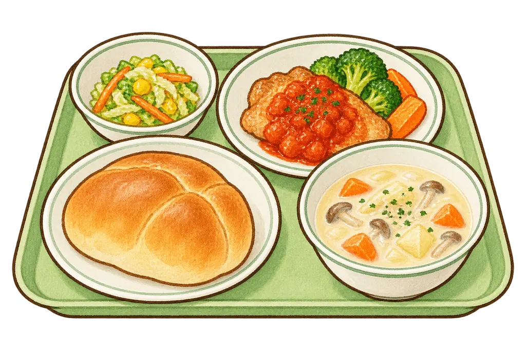 水彩の洋食の給食トレー。学校だより向けフリー素材