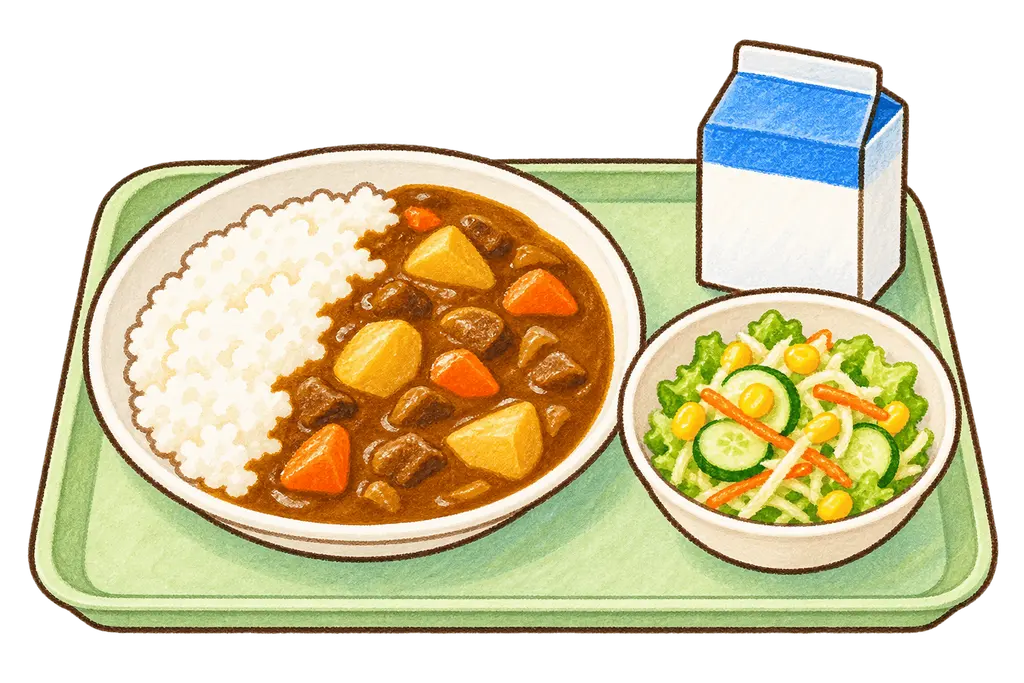 水彩のカレーライスの給食トレー。学校だより向けフリー素材