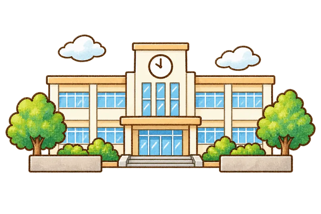 水彩の小学校校舎。学校だより向けフリー素材