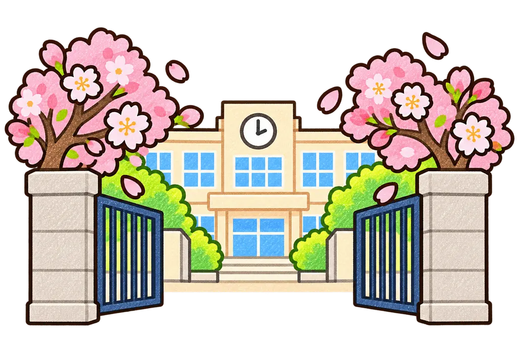 春の校門の色鉛筆風イラスト。学校だより向けフリー素材