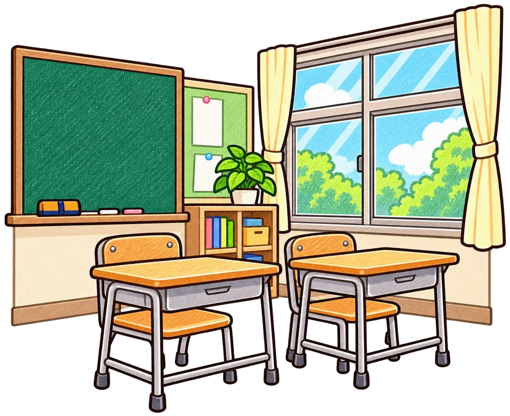 教室の窓と机の色鉛筆風イラスト。学校だより向けフリー素材