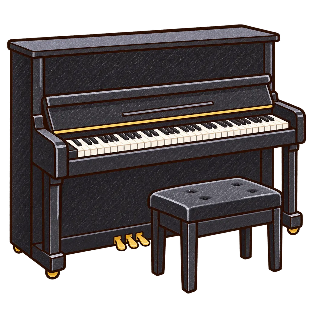 音楽室のピアノの色鉛筆風イラスト。学校だより向けフリー素材