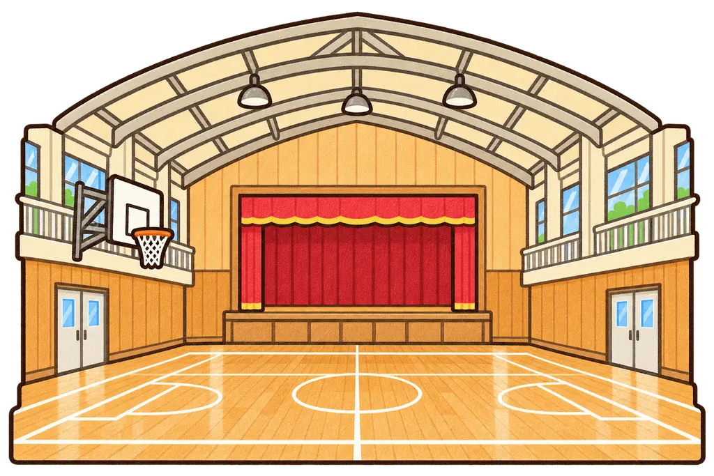 体育館の色鉛筆風イラスト。学校だより向けフリー素材
