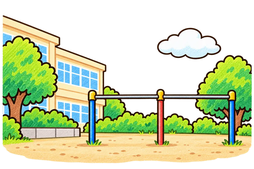 校庭の色鉛筆風イラスト。学校だより向けフリー素材