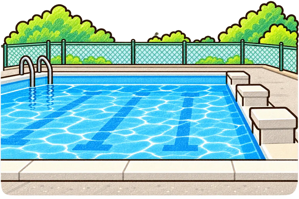 プールサイドの色鉛筆風イラスト。学校だより向けフリー素材