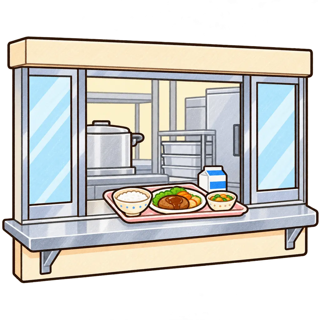 給食配膳室の色鉛筆風イラスト。学校だより向けフリー素材