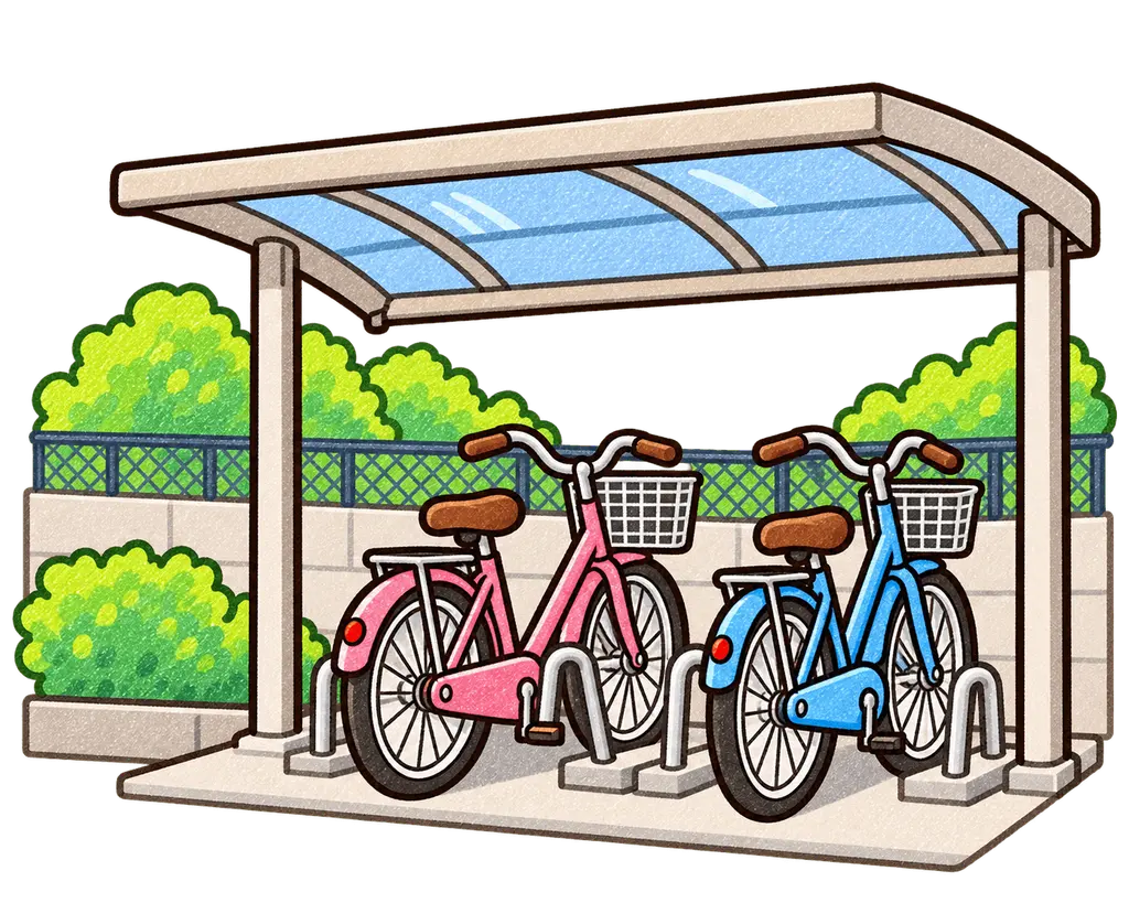 自転車置き場の色鉛筆風イラスト。学校だより向けフリー素材