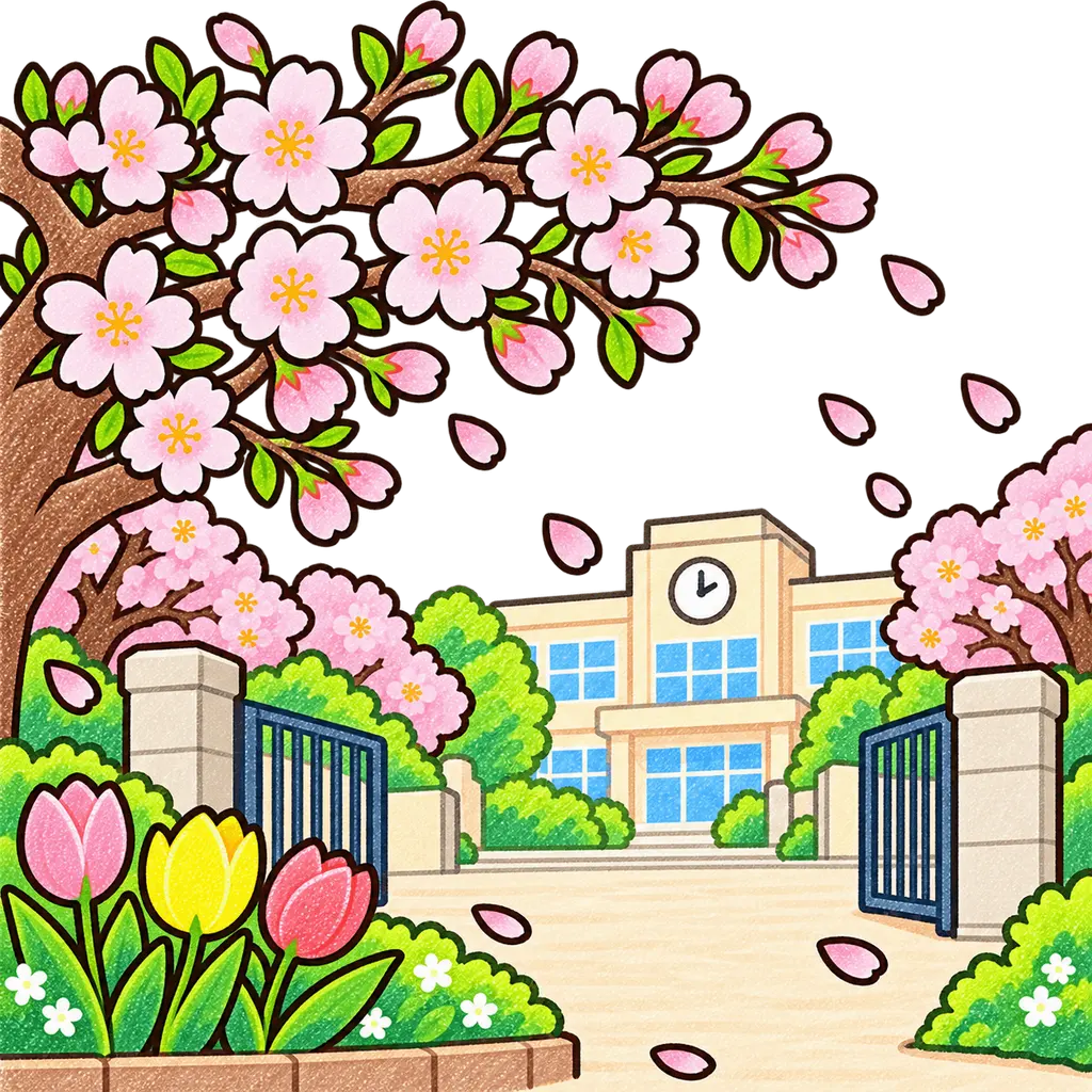 春の校庭の色鉛筆風イラスト。学校だより向けフリー素材