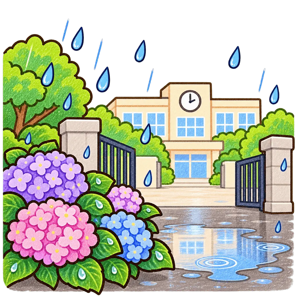 雨の校庭の色鉛筆風イラスト。学校だより向けフリー素材
