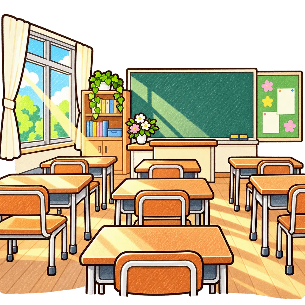朝の教室の色鉛筆風イラスト。学校だより向けフリー素材