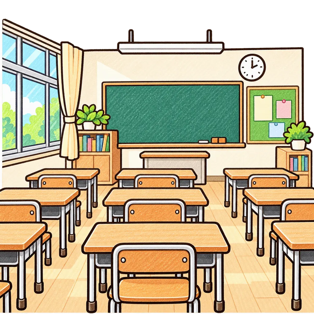放課後の教室の色鉛筆風イラスト。学校だより向けフリー素材