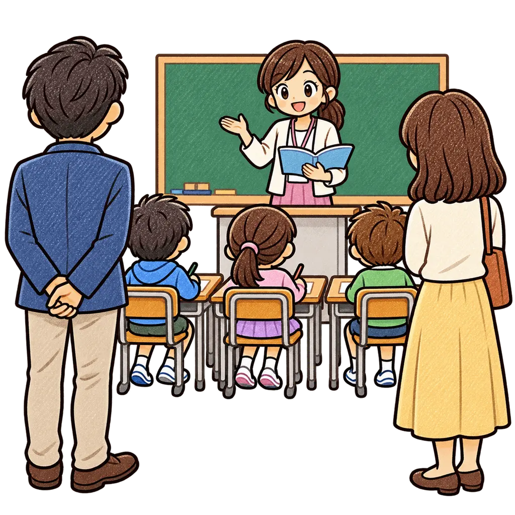 授業参観の色鉛筆風イラスト。学校だより向けフリー素材