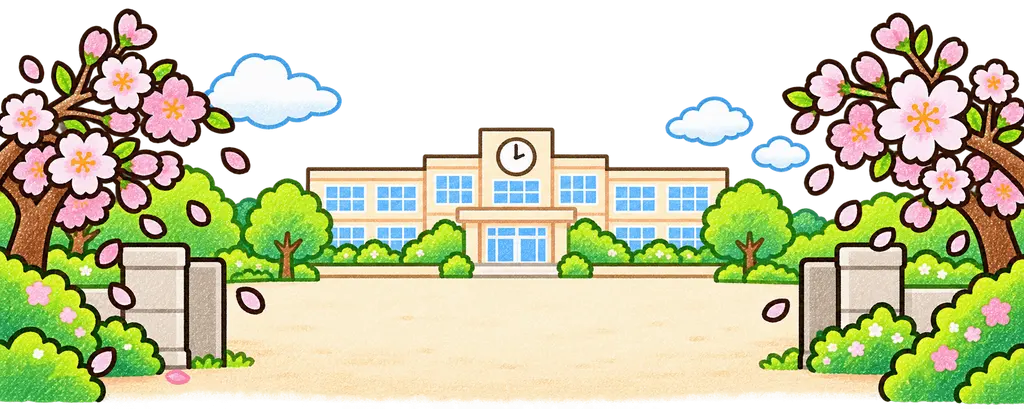 春の小学校校舎見出しの色鉛筆風イラスト。学校だより向けフリー素材