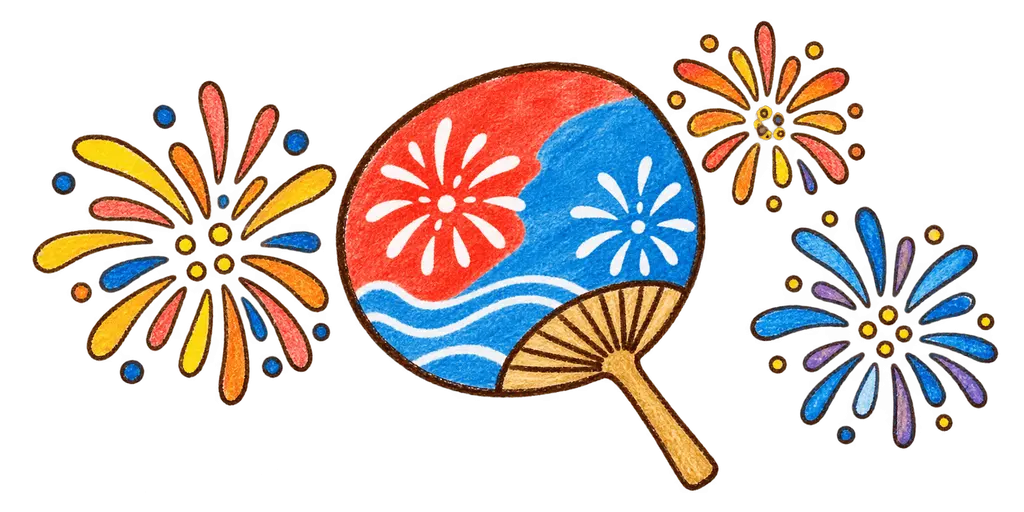 水彩のうちわと花火。学校だより向けフリー素材