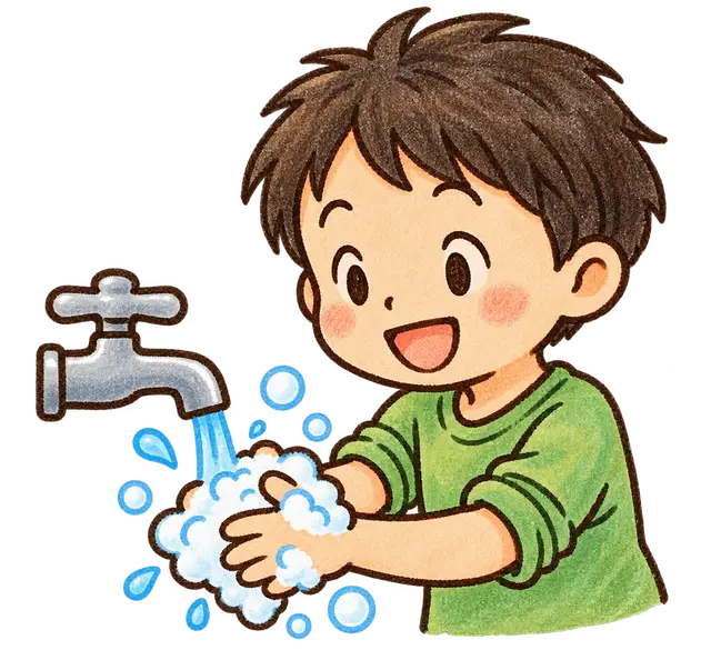 水彩の手洗いをする児童