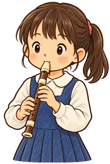 水彩のリコーダーを吹く児童