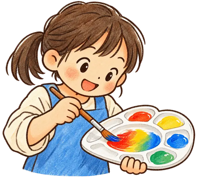 水彩の絵の具を混ぜる児童