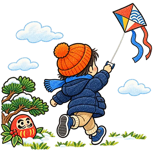 1月の凧を揚げる子どもとだるまイラスト