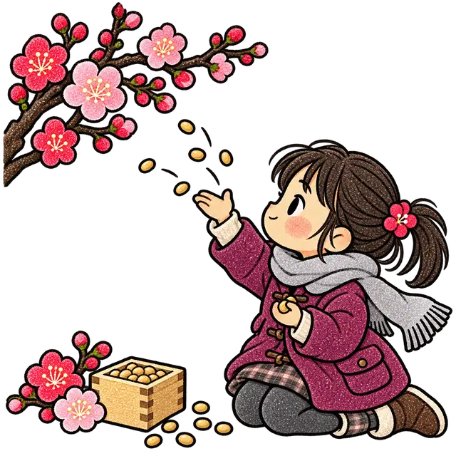 2月の豆まきをする子どもと梅イラスト