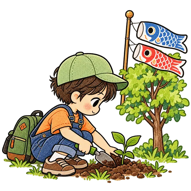 5月の苗を植える子どもとこいのぼりイラスト