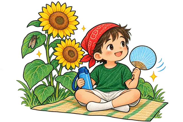 8月のひまわりのそばで夏休みを楽しむ子どもイラスト