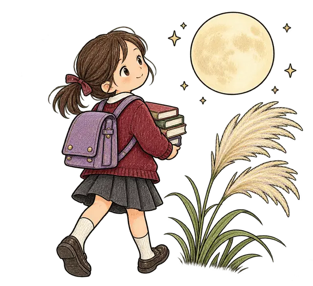 9月の月を見上げて歩く子どもイラスト