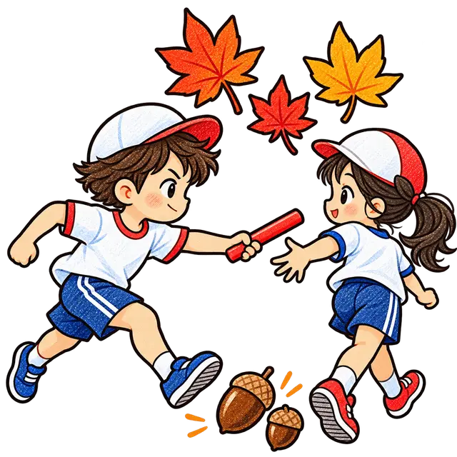 秋のリレーのバトンをつなぐ児童ともみじイラスト