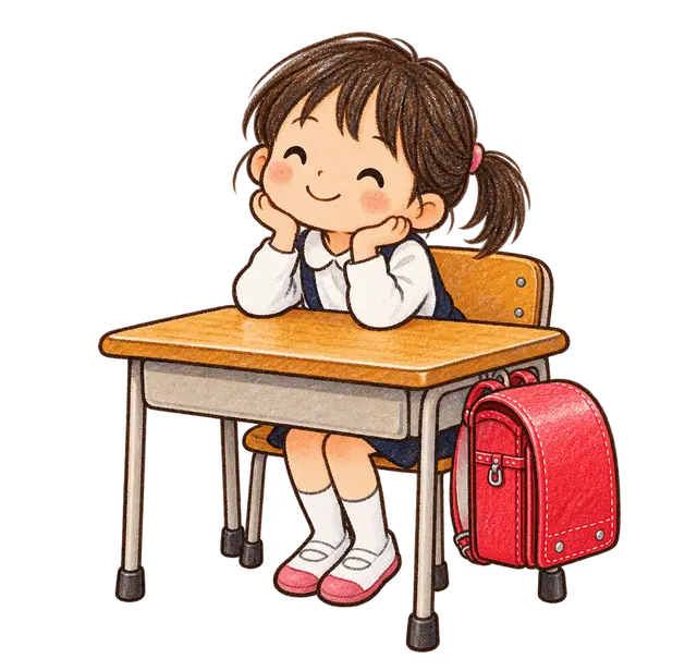 水彩の新しい席に座る新一年生