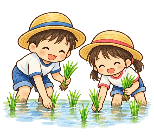 水彩の田植えをする児童