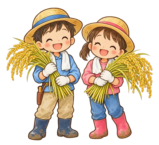 水彩の稲刈りをする児童
