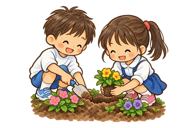 水彩の花壇の苗植え