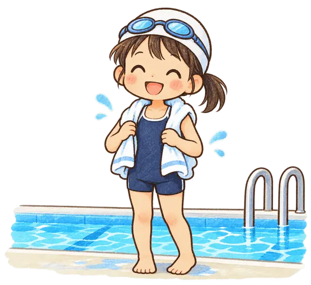 水彩のプール開きの児童