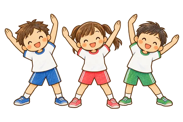 水彩のラジオ体操をする児童